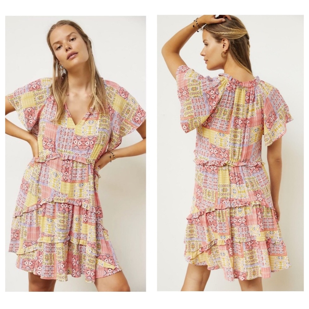 NWT Anthropologie Robin tiered mini dress patchwork print pink multi medium boho